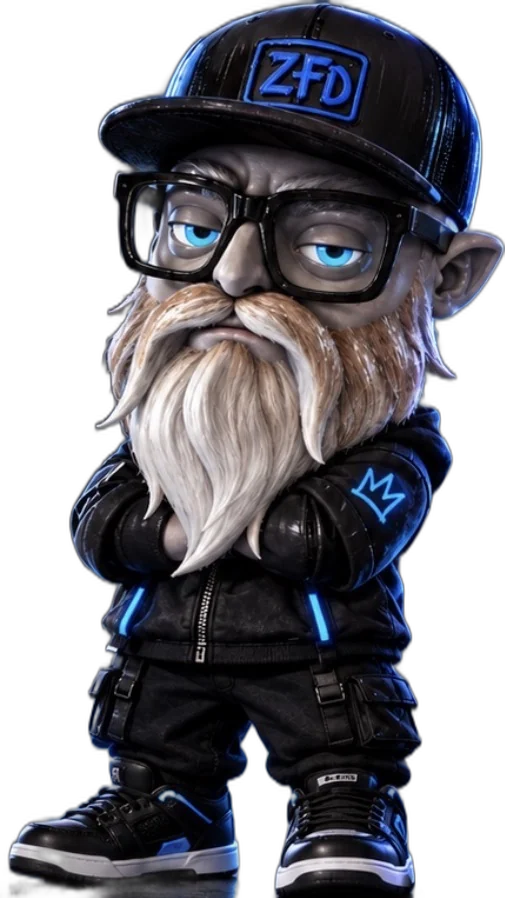 Mini Zero, the ZeroFilterDad mascot: a bearded gnome in a black ZFD cap and glasses, arms crossed